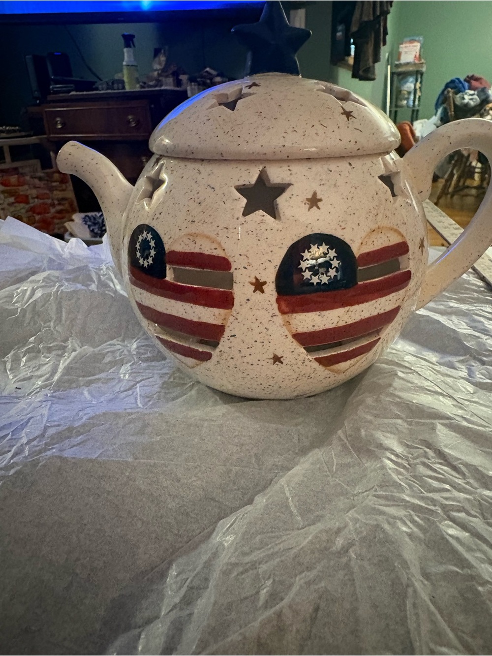 Home Interiors Patriotic Heart Ceramic Teapot Lantern - Red, Blue, White, Cream
